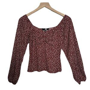 Women’s Medium Red Top Long Sleeve Ditsy Floral Shirt Cottagecore Peasant Y2K